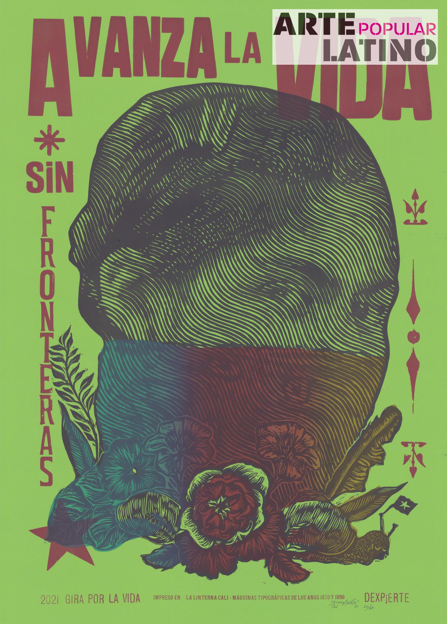 "Avanza la Vida sin Fronteras - dark green", Limited Linocut by Dexpierte Colectivo, 2021