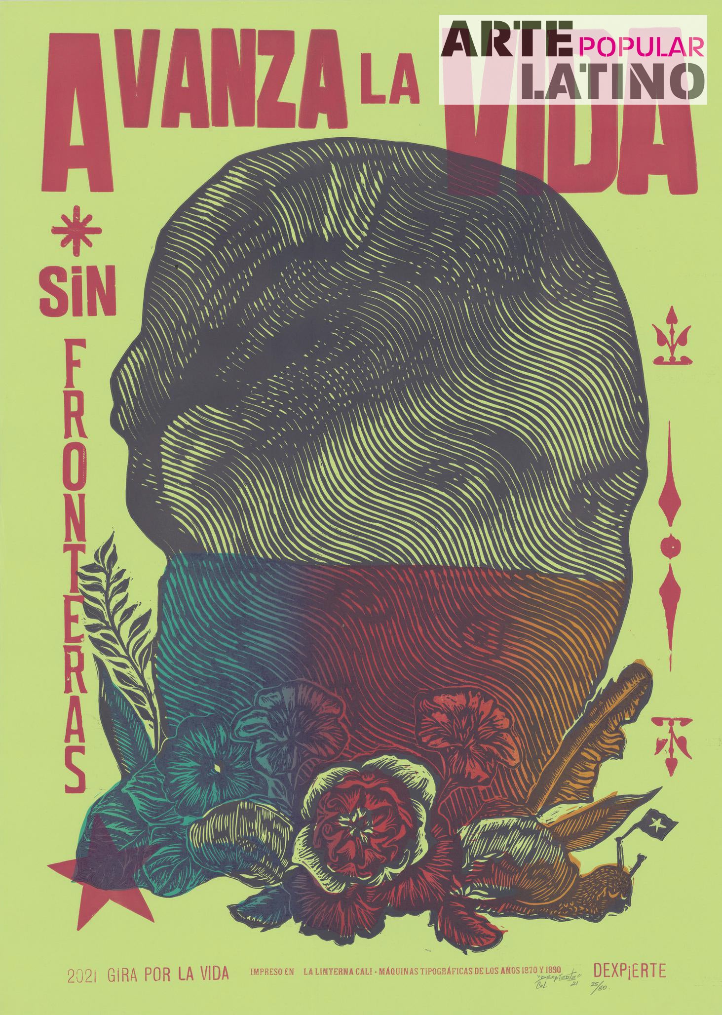 "Avanza la Vida sin Fronteras - light green", Limited Linocut by Dexpierte Colectivo, 2021