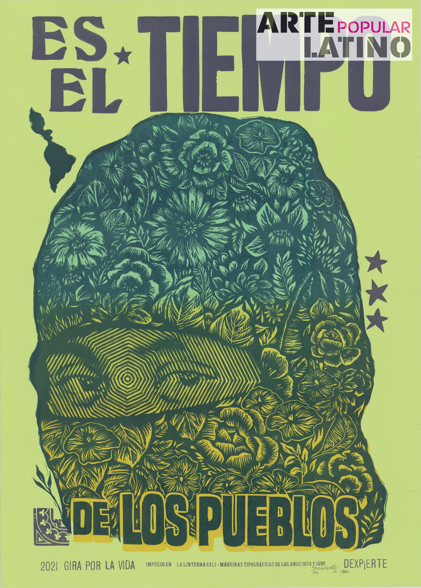 "Es el Tiempo de los Pueblos - light green", Limited Linocut by Dexpierte Colectivo, 2021