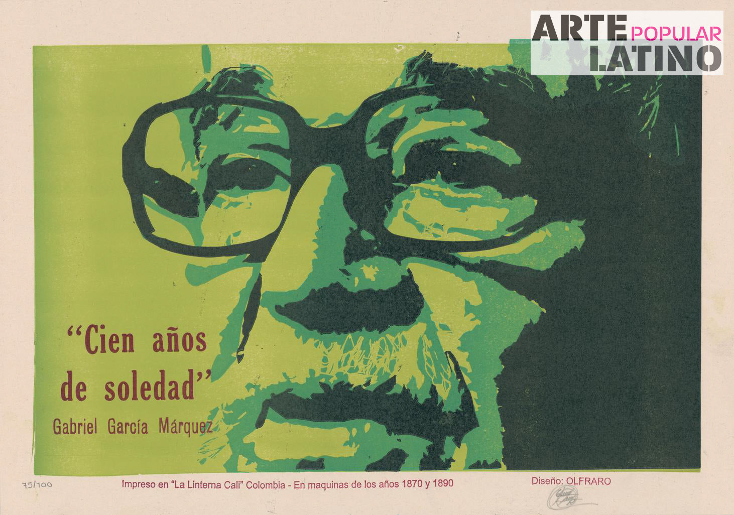 "García Marquez - Cien años de Soledad - green", Limited Linocut by Olfraro, 2023
