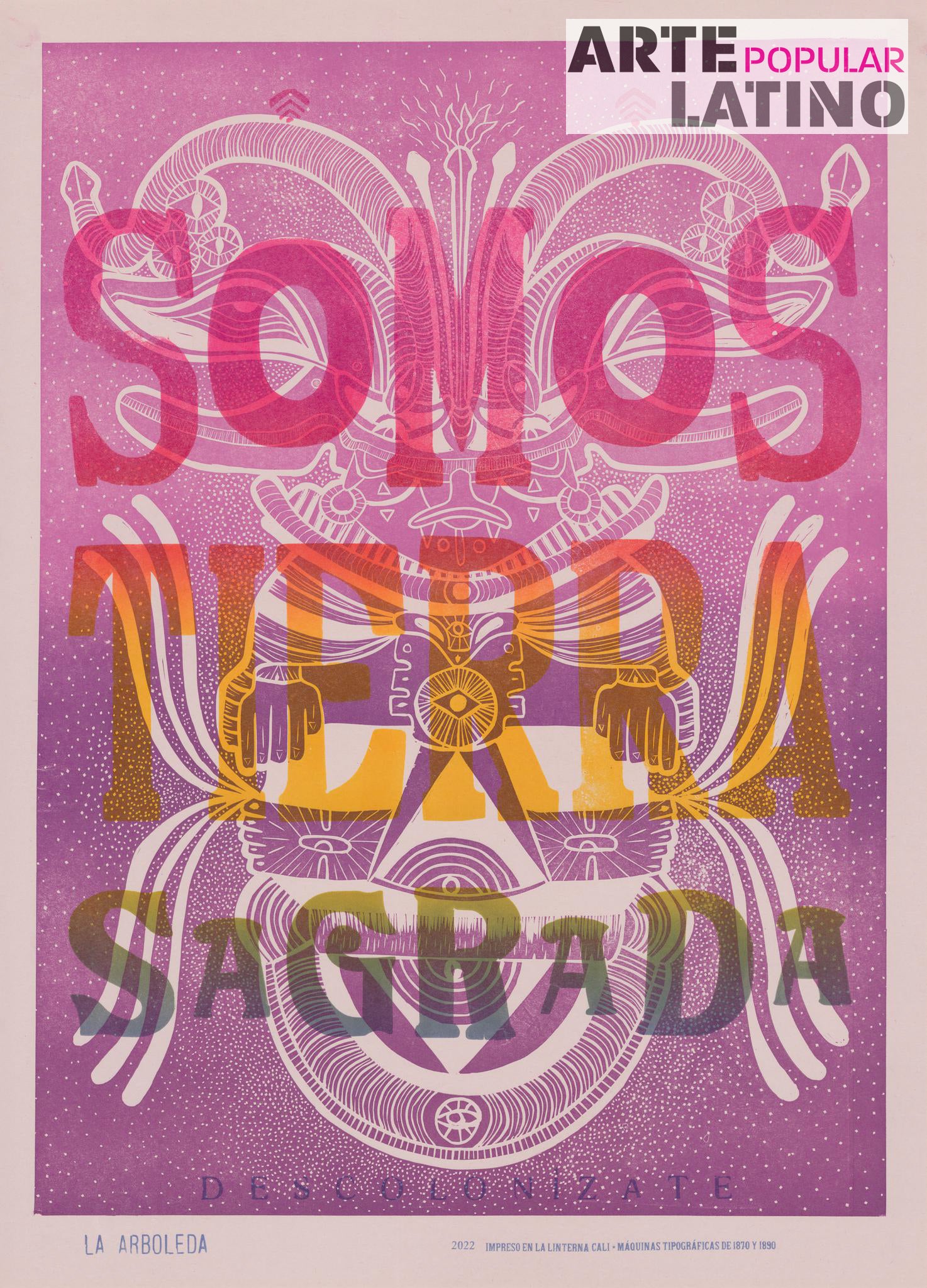"Somos Tierra Sagrada - Descolonízate", Open Linocut Papier by La Arboleda, 2022