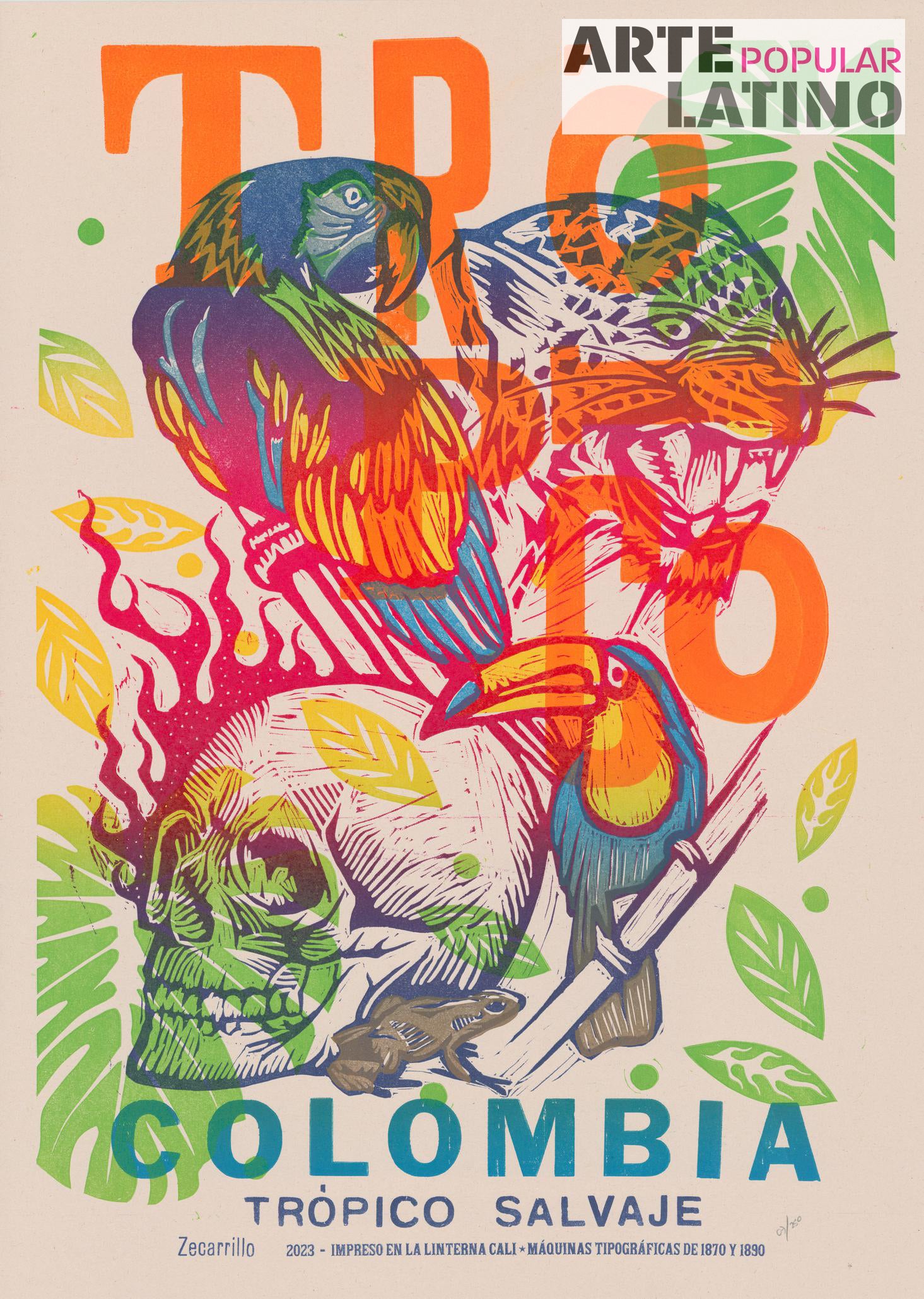"Colombia trópico Salvaje A (orange)", Limited Linocut by ZECARRILLO, 2023