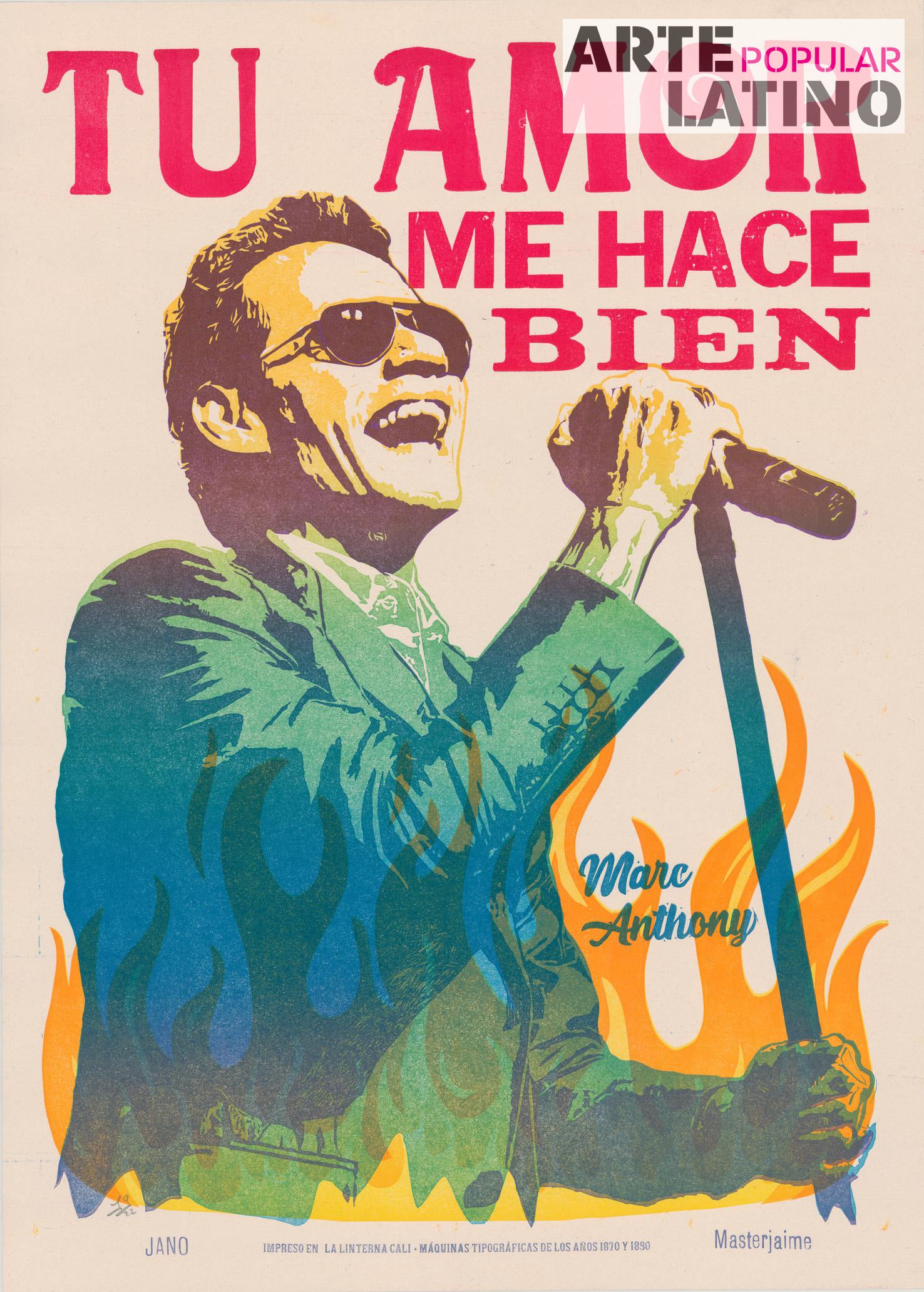 "Marc Anthony - Tu amor me hace bien", Open Linocut by JANO & MasterJaime, 2023