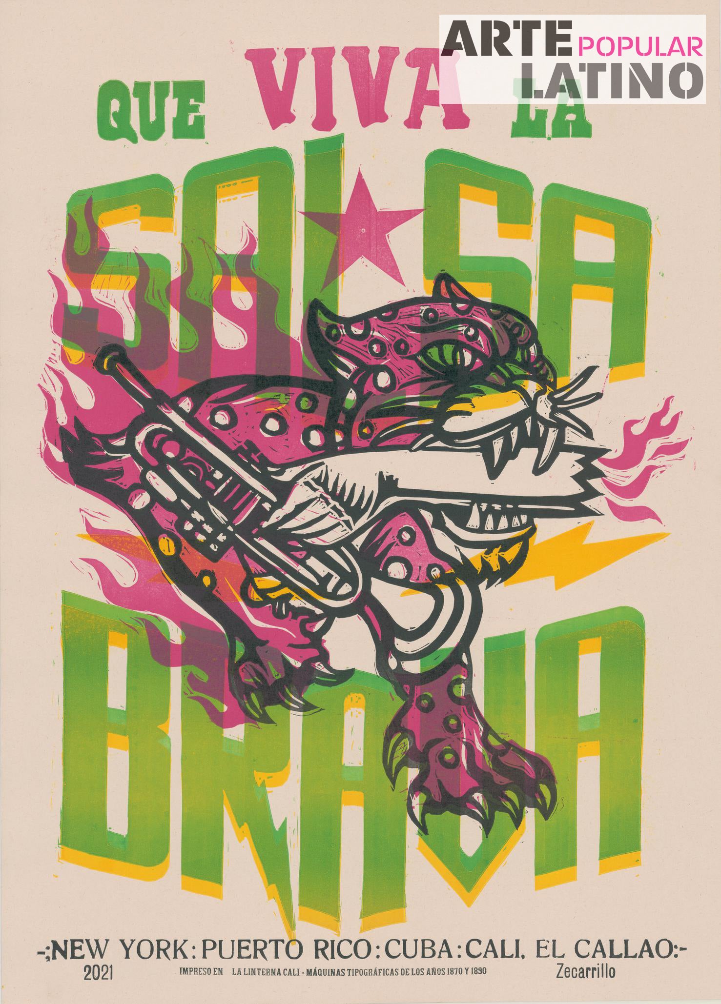 "Qué viva la Salsa Brava", Open Linocut by ZECARRILLO, 2021