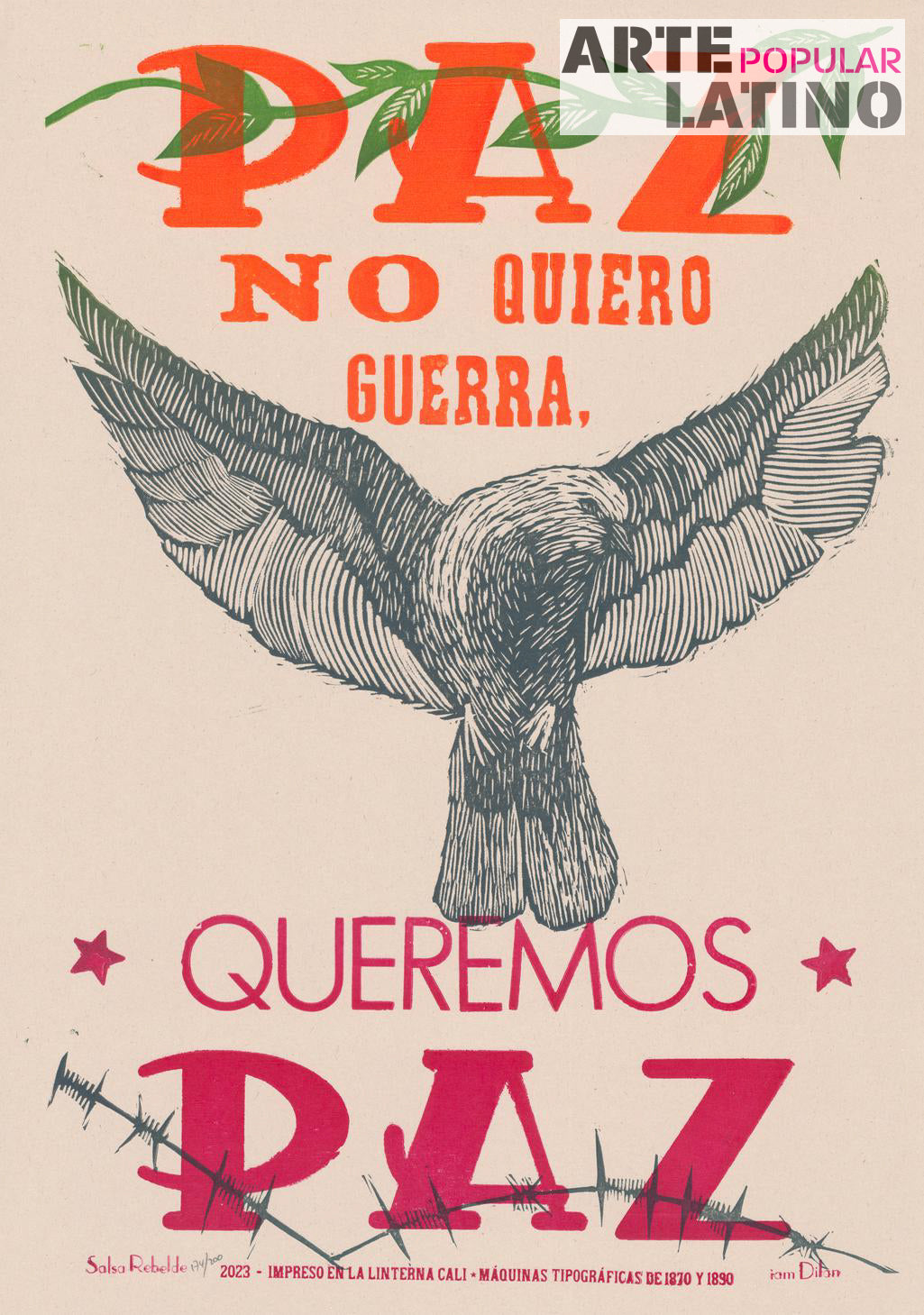 "¡Paz, no quiero Guerra - queremos Paz!", Limited Linocut by SalsaRebelde & iamDilan, 2023