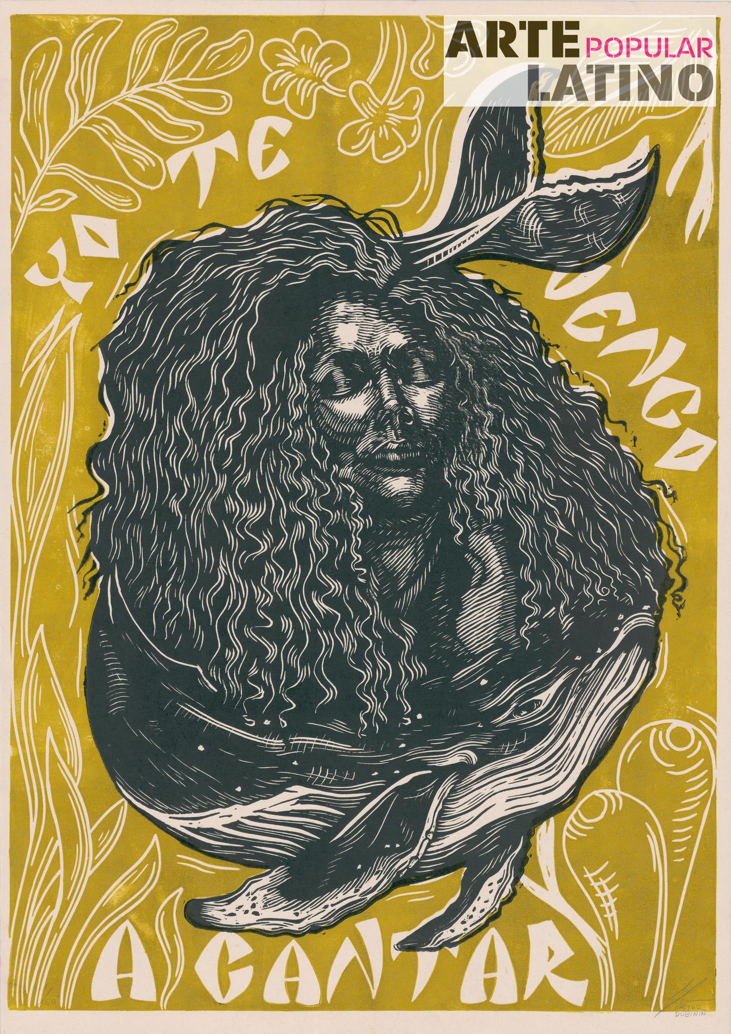"Yo te vengo a cantar (gold / green)", Limited Linocut by Chezar Dubinin, 2022