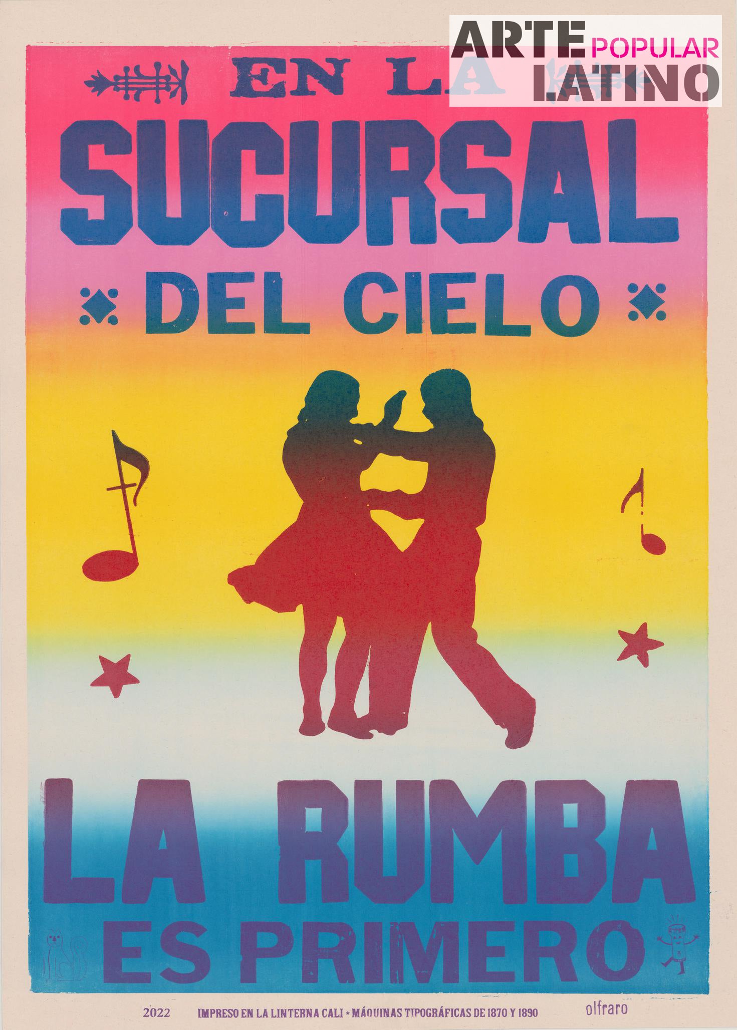 "En la Sucursal del Cielo, la Rumba va primero", Open Linocut by Olfraro, 2022