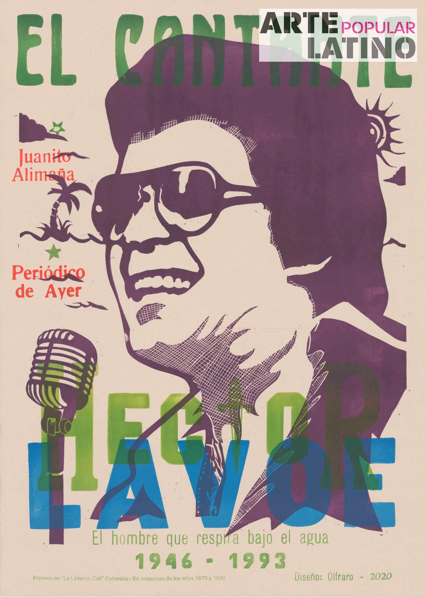 "Hector Lavoe - green", Open Linocut by Olfraro, 2020